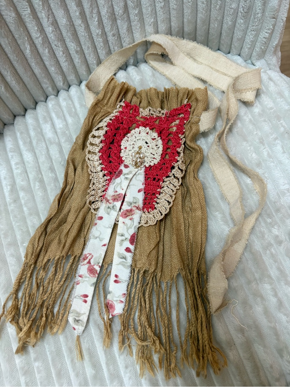 Artisan Brown and Red Boho Fringe Jabot with Cream Crochet Accent